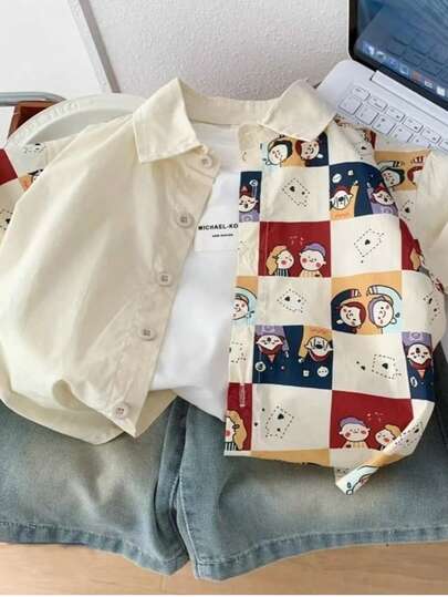 Cartoon & Plaid Splice Fashion, Half Minimalist Half Adorable, Kids Cartoon Character & Plaid Pattern Shirt, Creative Contrasting Color Eye-Catching