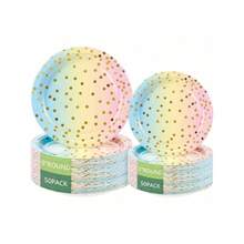 Round Disposable Paper Plates For All Occasions - 100 Pack - 50 X 9" And 50 X 7" Dinner Plates, Golden Foil Polka Dots , White And Gold Party Supplies - Rainbow - 查看 1