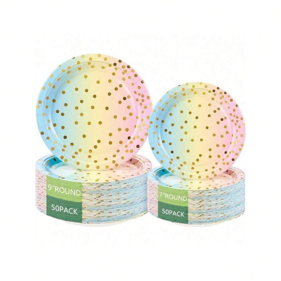 Round Disposable Paper Plates For All Occasions - 100 Pack - 50 X 9" And 50 X 7" Dinner Plates, Golden Foil Polka Dots , White And Gold Party Supplies - Rainbow - 查看 1