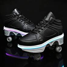 Transformable Flashing Roller Skates For Woman Retractable Wheels Y2K Outdoor Party All Seasons Double-Row Deform Wheel Automatic Walking Shoes, Black - 黑色 - 查看 3