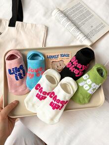 5 Pairs Women's Cute Breathable Letter Pattern Ankle Socks, Boat Socks, Invisible Socks, Fashion Socks, Soft & Comfortable, White Socks, Candy Colors, Minimalist Design, Student Socks, Suitable For Daily Casual Wear, All Seasons - Multicolor - View 6