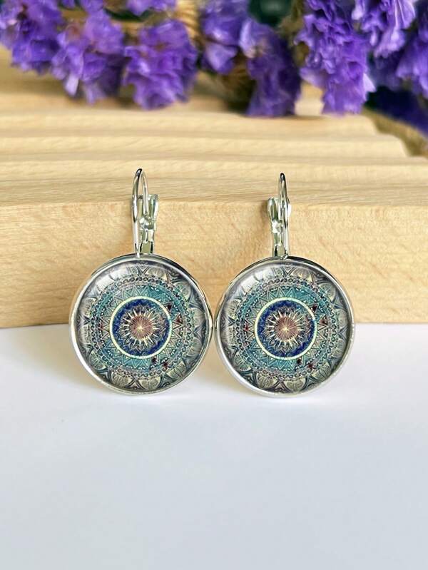Brincos de Design Redondo com Estampa de Flor, Dia dos Namorados, Mãe, Dia das Mães, Presente