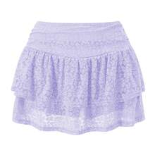 Women Tiered Ruffled Short Skirts Floral Lace Sheer Mid Rise Lined Cute Flowy Mini Skirts - Violet Purple - View 3