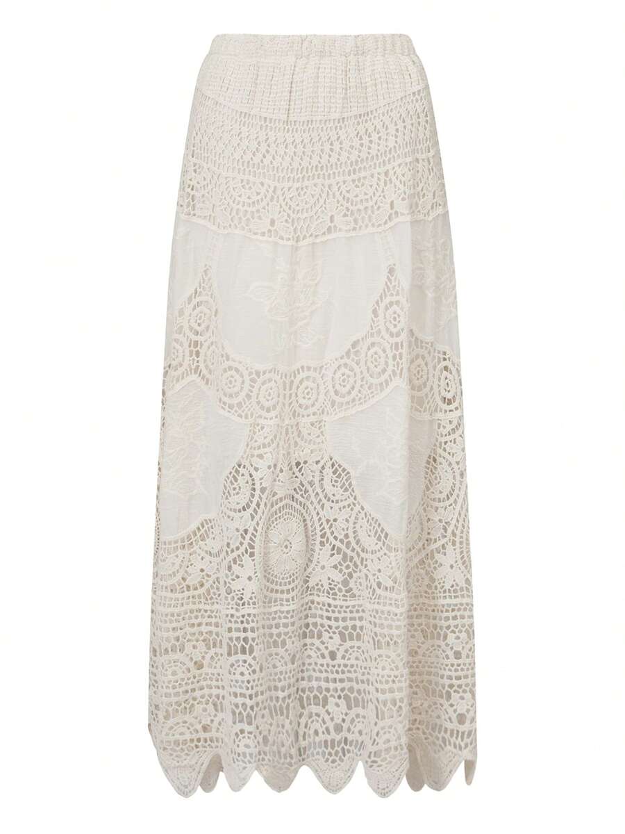 Women's Summer A-Line Skirt Flowy Maxi Stretchy Boho Crochet Hollow Out Knit Flower Lace Skirt - Màu be - Xem 1