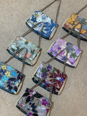 亮片刺绣花卉链条单肩包，女士时尚精致亮片拼接翻盖链条包，适合度假、派对、约会、购物、送礼、婚礼、学院、沙滩、海滩、游轮、节日，（图案位置随机裁剪）