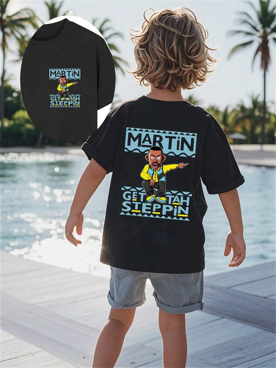 Camiseta de manga corta y cuello redondo informal con estampado gráfico de dibujos animados para niños, ideal para el verano