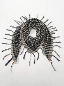 1 pieza Pañuelo cuadrado grande de mujer con estampado de cuadros de desierto estilo clásico, protección solar y a prueba de viento para uso unisex con flecos, adecuado para uso diario y al aire libre con vestidos - Negro - Ver 16