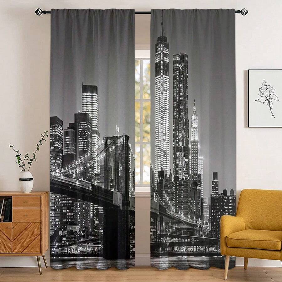 Bộ 2 rèm cửa cản sáng in hình phong cảnh thành phố về đêm, rèm che riêng tư có túi luồn thanh treo, thích hợp cho phòng ngủ, phòng khách, ký túc xá, văn phòng, quà tặng ngày Valentine, trang trí nhà cửa. - Nhiều màu - Xem 1