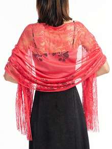 1pc Hollow Out Tassel Lace Scarf Shawl Beach Wrap - Watermelon Red - View 1