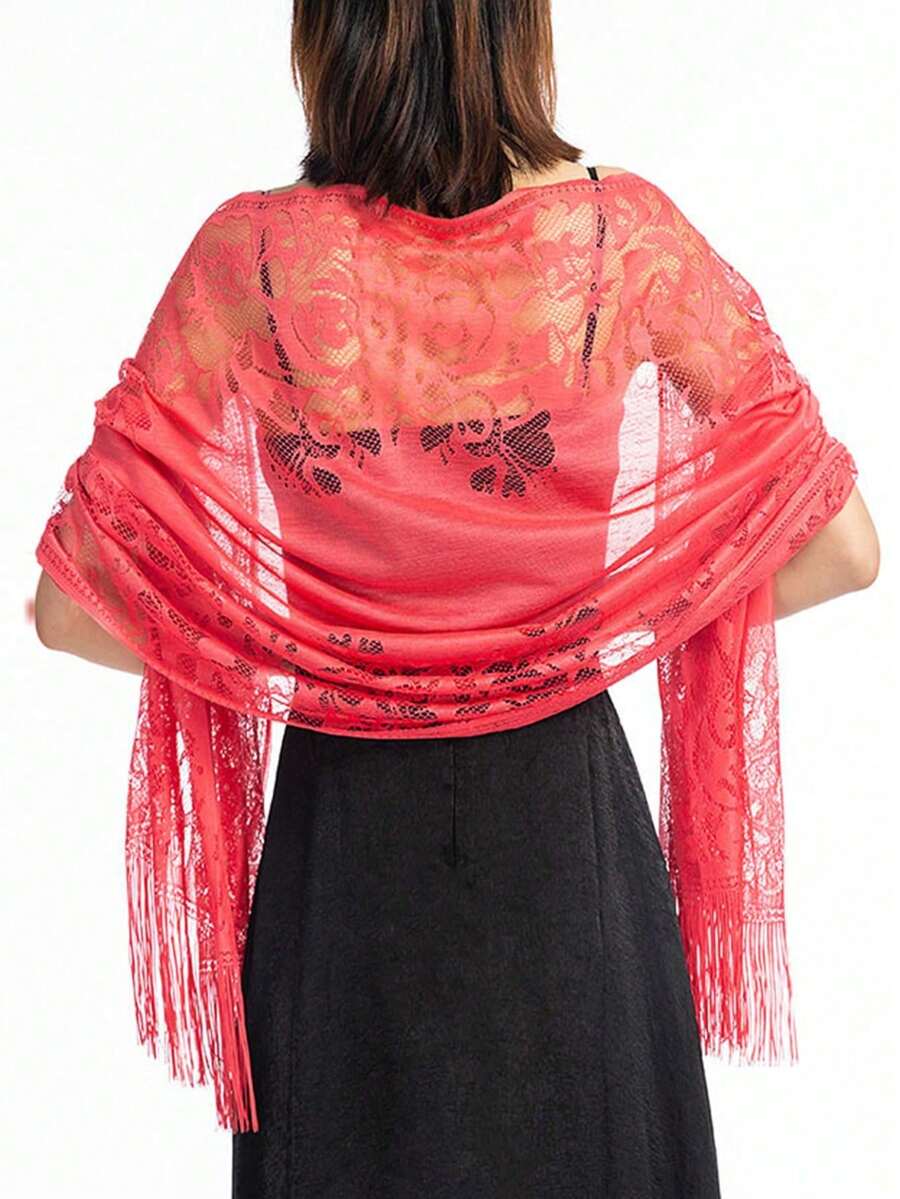 1pc Hollow Out Tassel Lace Scarf Shawl Beach Wrap - Watermelon Red - View 1