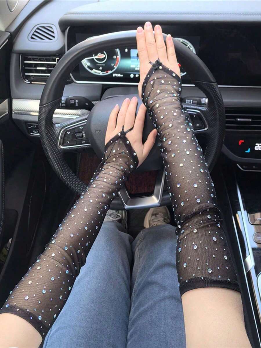 1 Pair Elastic Mesh Shiny Rhinestone Hook Finger Gloves, Breathable For Driving, Party, Nightclub, Fingerless - Hook Finger Hot Diamond New - View 1