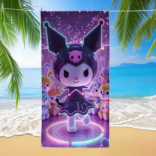 Sanrio 1pc Sanrio Kuromi Quick Dry Cartoon Towel - Vibrant Purple Design With Neon Stars And Characters, Absorbent And Lightweight, Suitable For Travel, Beach And Holiday Gifts