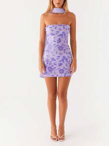 Women Sequin Sparkly Floral Tube Mini Dress With Scarf Y2k Sexy Pearl Embellished Bling Glitter Bodycon Dresses - 紫色 - 查看 3