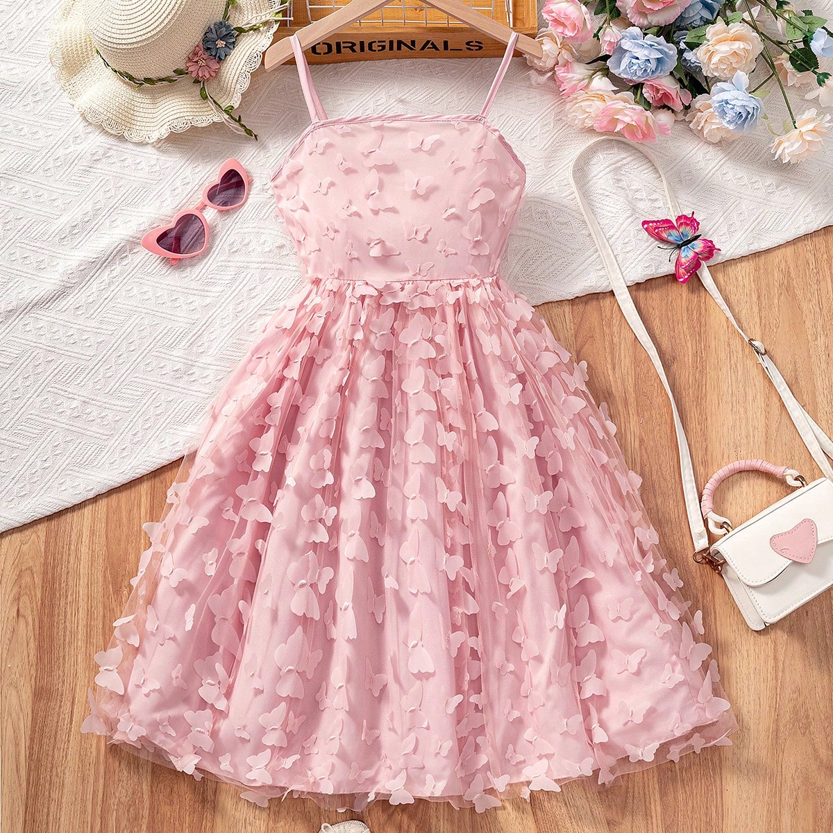 Pieza Vestido de princesa de gasa con estampado de mariposa para niñas, vestido de verano dulce con tirantes finos