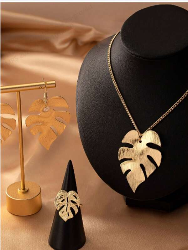 4pcs Set Of Elegant Gold Hollow Leaf Shape Pendant Necklace, Earrings & Ring