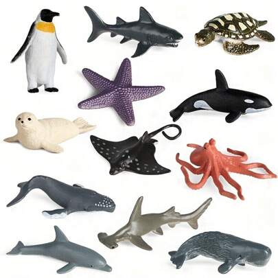 12PCS Marine Animal Image Model Toys, Killer Whales, Sharks, Blue Whales And Other Marine Animals, Marine Life Toys Doll Educational Toys, Cake Decorations, Halloween Gifts, Christmas Gifts