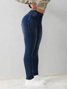 Jeans Skinny de Cintura Alta para Mujer, Tono Azul Claro con Efecto Desgastado, Estilo Moderno y Ajustado - 2-azul - Ver 4