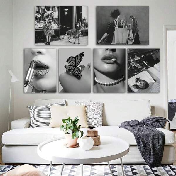 Set Of 1/3 Pcs Vintage Wall Arts Posters, Black And White Pop Art Prints, Woman And Leopard, Lipstick Prints, High Fashion Posters, Modern Bar Bathroom Living Room Bedroom Home Decoration Unframed-Style ,Wall Art With Frame
