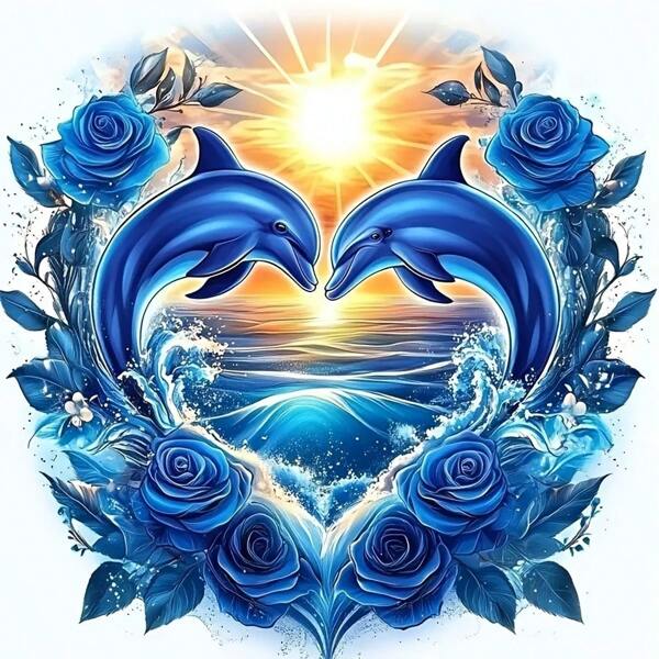 1pc Dolphin Heart Theme 5D Diamond Painting Kit, Round Full Drill, No Frame, 40*40cm/15.75inch*15.75inch, For Adult Beginners, DIY Mosaic Handmade Diamond Painting, Wall Decoration For Bedroom, Living Room, Office