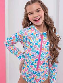 Maiô Infantil Menina Manga Longa Oncinha Proteção UV Solar  Zíper Moda Praia Verão - Azul bebê - Visão 5