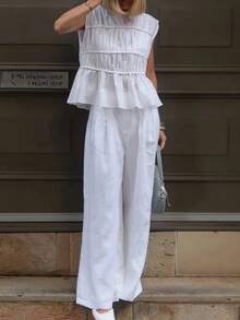 Women's Elegant Pleated Top And Pants Set, Round Neck Solid Color Wide Leg Pants Suit