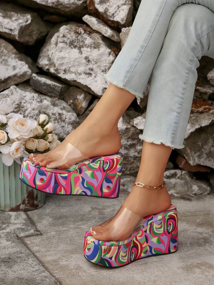 2026 New Women Transparent Clear Strap Platform Wedge Slide
