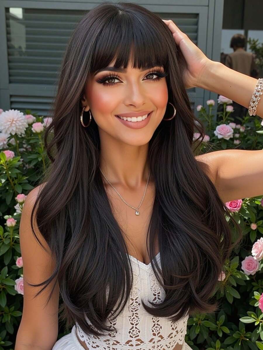 Long Brown Wig With Bangs Wave Curly Wigs For Women 24 Inch Heat Resistant Natural Synthetic Wig For Daily Party Use,Mother's Day Gifts Or Holiday Party Everyday Wear,Gifts For Women,Accessories Women - 棕色 - 查看 1