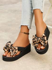 Sandalias de verano para mujer para uso en exteriores, sandalias de playa, con estampado de leopardo, lazo y decoración con rhinestones, transpirables y hechas a mano, adecuadas para la playa y uso casual en el hogar; Chanclas con suela gruesa y talla grande, color negro