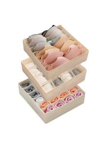1 pieza/3 unidades Caja de almacenamiento de malla de alta elasticidad multicompartimental de gran capacidad en beige, organizador lavable para ropa, ropa interior y calcetines, plegable