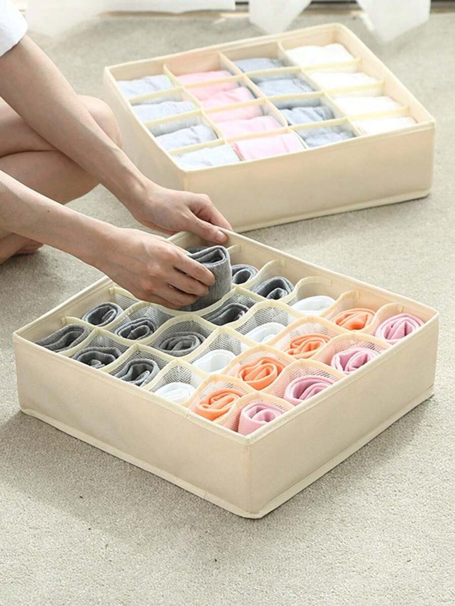 1 pieza/3 unidades Caja de almacenamiento de malla de alta elasticidad multicompartimental de gran capacidad en beige, organizador lavable para ropa, ropa interior y calcetines, plegable