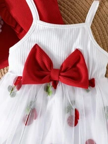2pcs Baby Girls Summer Outfit Set: Ruffle Cap Sleeve Shirt And Sleeveless Strawberry Print Butterfly Tulle Skirt,Casual & Cute For Outdoor