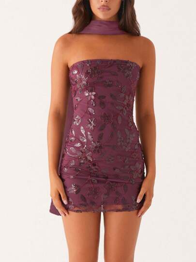 Women Sequin Sparkly Floral Tube Mini Dress With Scarf Y2k Sexy Pearl Embellished Bling Glitter Bodycon Dresses