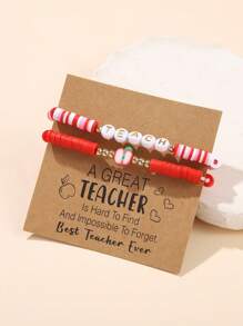2pcs/Set Teacher's Day Bracelet Set, Fashion Soft Clay CCB Resin Wood Bead & Letter ''INSPIRE TEACH'' Bracelet, Suitable For Daily Wear And Gifting