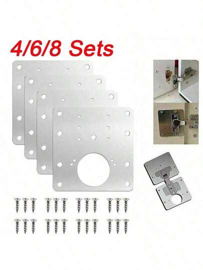 4/6/8 piezas Placas de reparación de bisagras de gabinete (con tornillos), soportes de instalación para reparar bisagras de puertas de armario