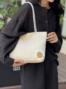 Bolso de playa de paja tejida con estampado floral, bolso de hombro casual y de moda para niñas