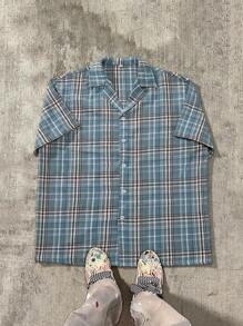 Camisa de manga corta de cuadros azules informal, suave y cómoda de moda para primavera