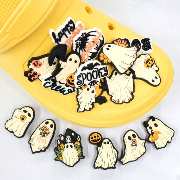 25PCS/SET Halloween Ghost Series PVC Shoe Charms Funny Ghost Candle Drinking Water Flowers Pumpkins Hat Patterns Shoe Decoration Shoe Accessories Party Gifts