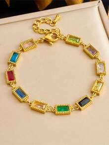 1pc Geometric Pattern Colorful Gemstone Teardrop, Oval, Square Decor Chain Stainless Steel Bracelet For Women - Geometry - View 2