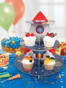 1pc Space Astronaut Cupcake Holder, Rocket Theme Birthday 3 Tier Cardboard Cupcake Stand, Galaxy Style Dessert Tower Display For Birthday Technology Theme Youngster Shower Party Supplies Decoration