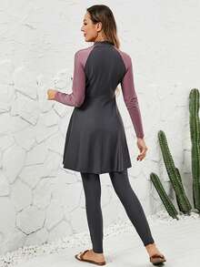 VFJ 女式穆斯林泳衣，伊斯兰庄重泳衣 3 件套，灰色和粉色拼布全套，头巾，长袖布基尼连衣裙+裤子 - 深灰色 - 查看 6