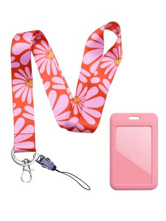 1pc Pink Flower Teacher Lanyard For Keys Keychain,With ID Badge Card Holder,Metal Keyring ,Cell Phone Rope,Cute Daisy Polyester Cell Phone Lanyard Necklace,Great Gift For Women,Teachers,Students,Staff Halloween Accessories Teachers Day