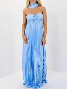 Womens Y2k Tube Strapless Pleated Maxi Dress With Scarf Maternity Silk Satin Formal Cocktail Ruffle Flowy Dresses - Biru - View 2