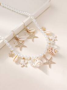 3 件海洋主题人造珍珠、海星、贝壳串珠项链和耳环套装，适合波西米亚风、沙滩装、休闲装、度假装、节日礼物的女性 - 金黃色 - 查看 9
