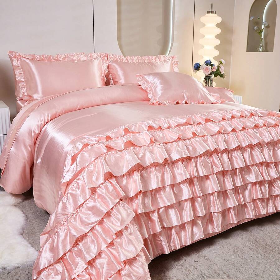 Silk Like Pink Comforter Set 8 Pieces Bed In A Bag Queen Size Silky Comforter Set With Sheet Set Boho Chic Pink Waterfall Ruffle Bedding Comforter Sets For Girls Women - Hồng - Xem 1