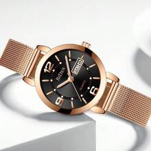 BIDEN BIDEN Fashionable Women's Quartz Watch, Waterproof Calendar Stainless Steel Mesh Strap, Elegant Women's Watch, Rose Gold Women's Clock