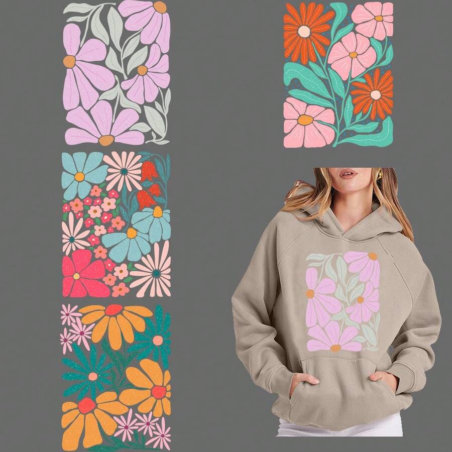 6pcs/Set Abstract Flower DIY Iron On DTF Transfers Stickers Washable Heat Transfer Designs Ready Press Decals Plastisol Patch For DIY Clothing T-Shirt Mask Jeans Backpack - Multicolor - View 1