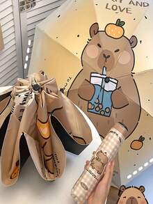 1PC Cute Capybara Cartoon Folding Umbrella - 8-Rib, Waterproof & Windproof, Durable Compact Design For Men & Women - Ideal For Rainy Days, Travel & Outdoor Adventures, Cute Umbrella