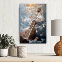 1 件天使和仙女的基督升天艺术、天梯场景、宁静的蓝白云、客厅、卧室和浴室的美学墙面装饰、灵感墙面装饰创意海报、现代防水防油，无框设计有多种尺寸可供选择。