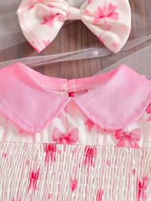 Newborn Baby Girl Summer Cute Bow Print Bodysuit With Ruffled Collar & Puff Sleeves And Headband Set - Pink - View 4