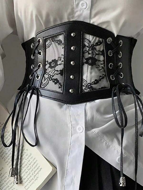1pc Black Stretchy Waist Band Cincher Bustier Corset With Lace Mesh, Sexy Waist Trimmer For Festivals, Celebrations, Parties Women Corset Belt For Dress,Waist Trainer Waist-Shaping For Waist Slimming And Tummy Control